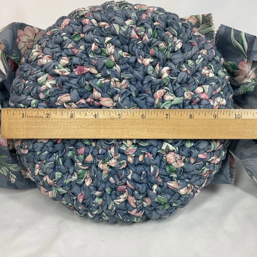 Vintage Rag Weave Basket Blue Mauve Floral Braided Fabric Round Cottagecore 10in
